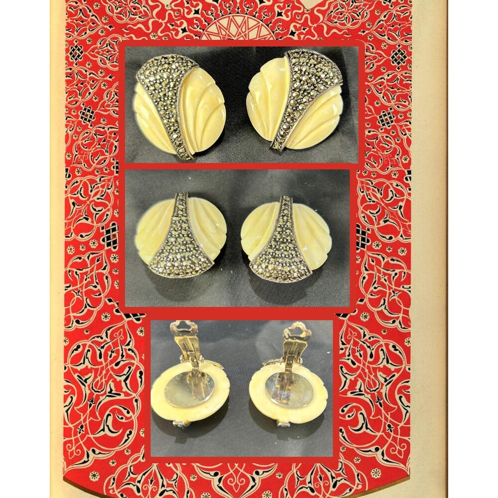 Vintage Ivory Art Deco Celluloid Marcasite Clip-On Earrings